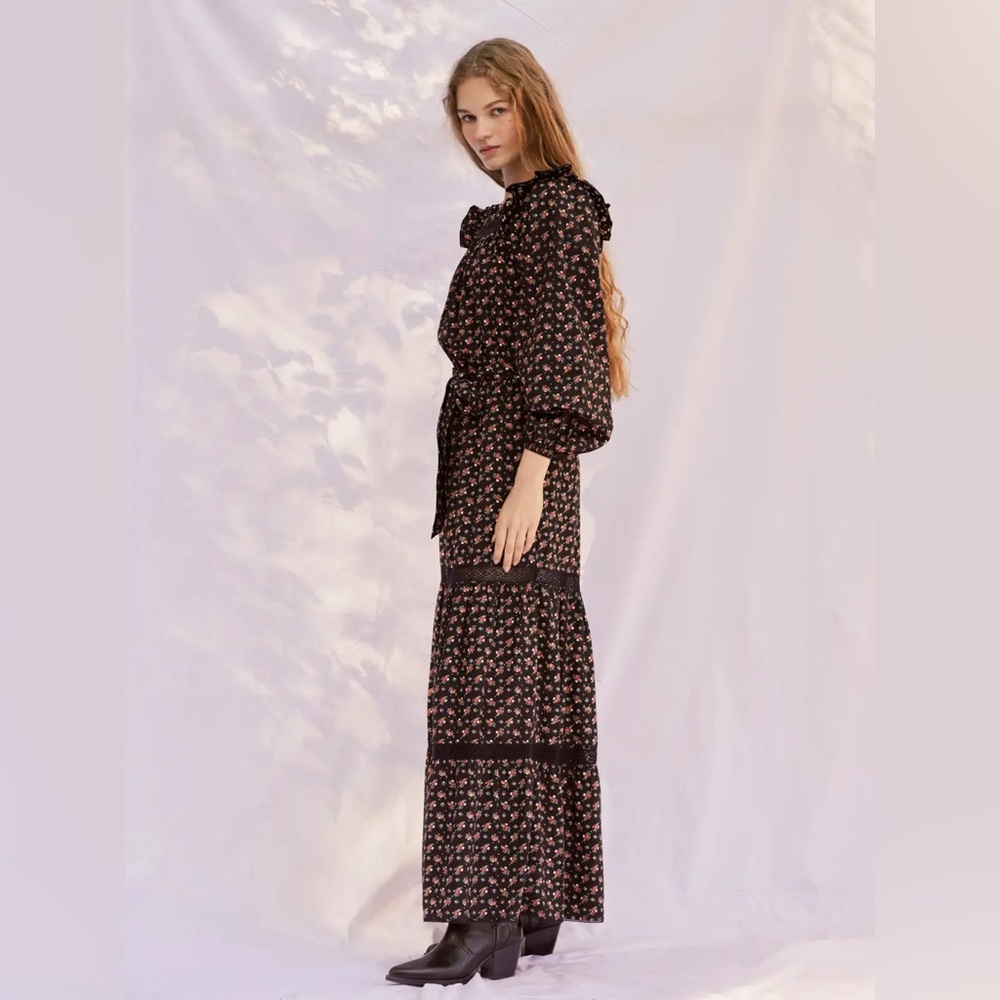Smocked Floral Maxi Dress in Black with Pink Accents - Picture 5 of 6